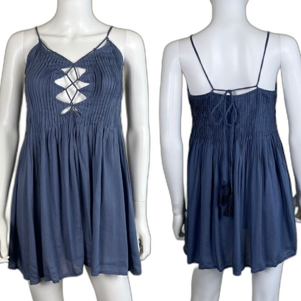 INDAH Women's Size XS Blue Vivid Lace Up Mini Dress Pleated Pintuck Cut Out Boho